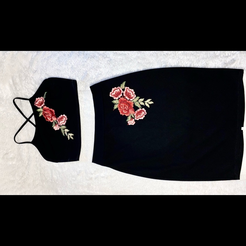 Two Piece Skirt Set with Floral Embroidery